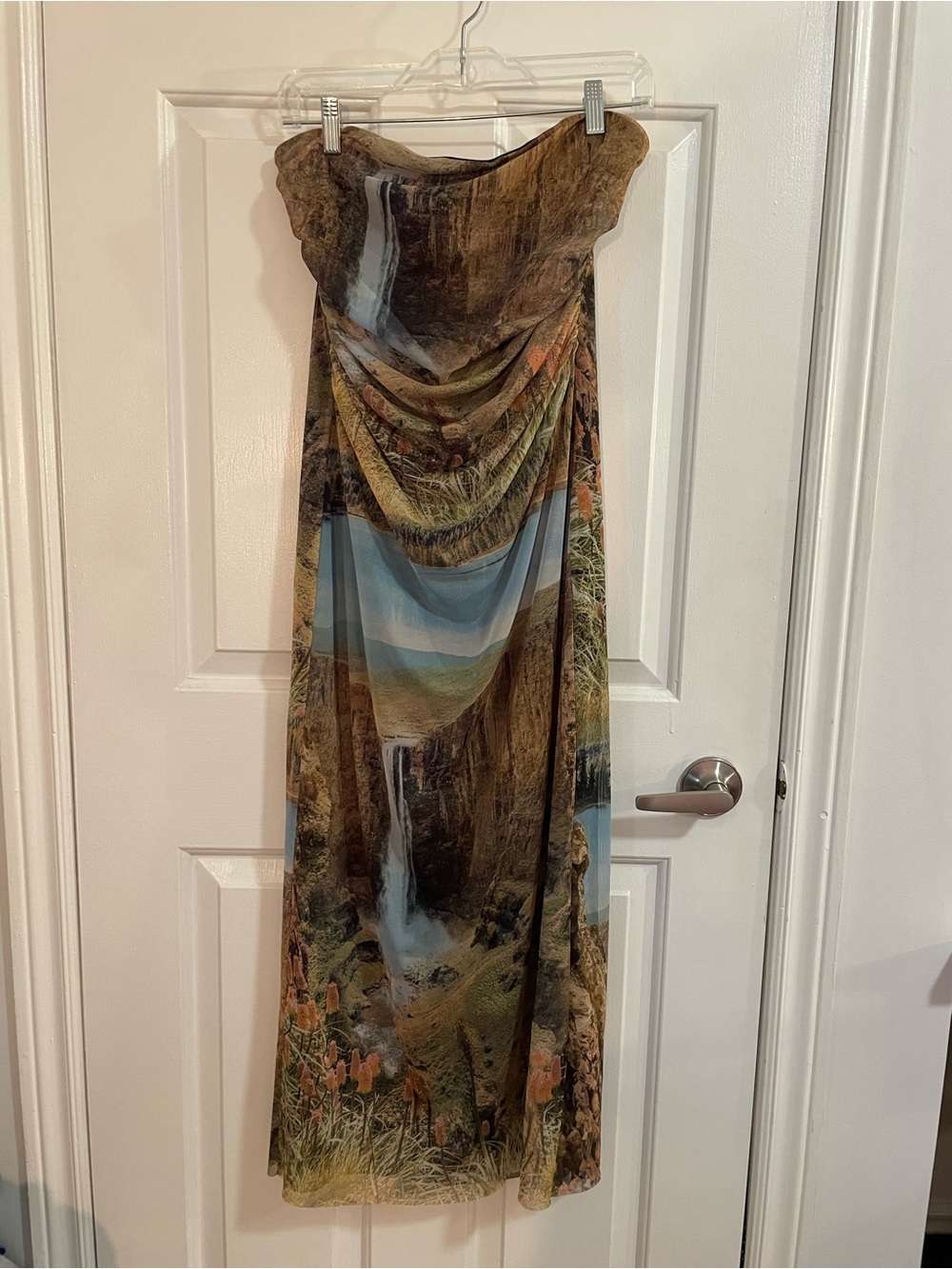 Vintage Strapless Scenic Print Draped Maxi Dress